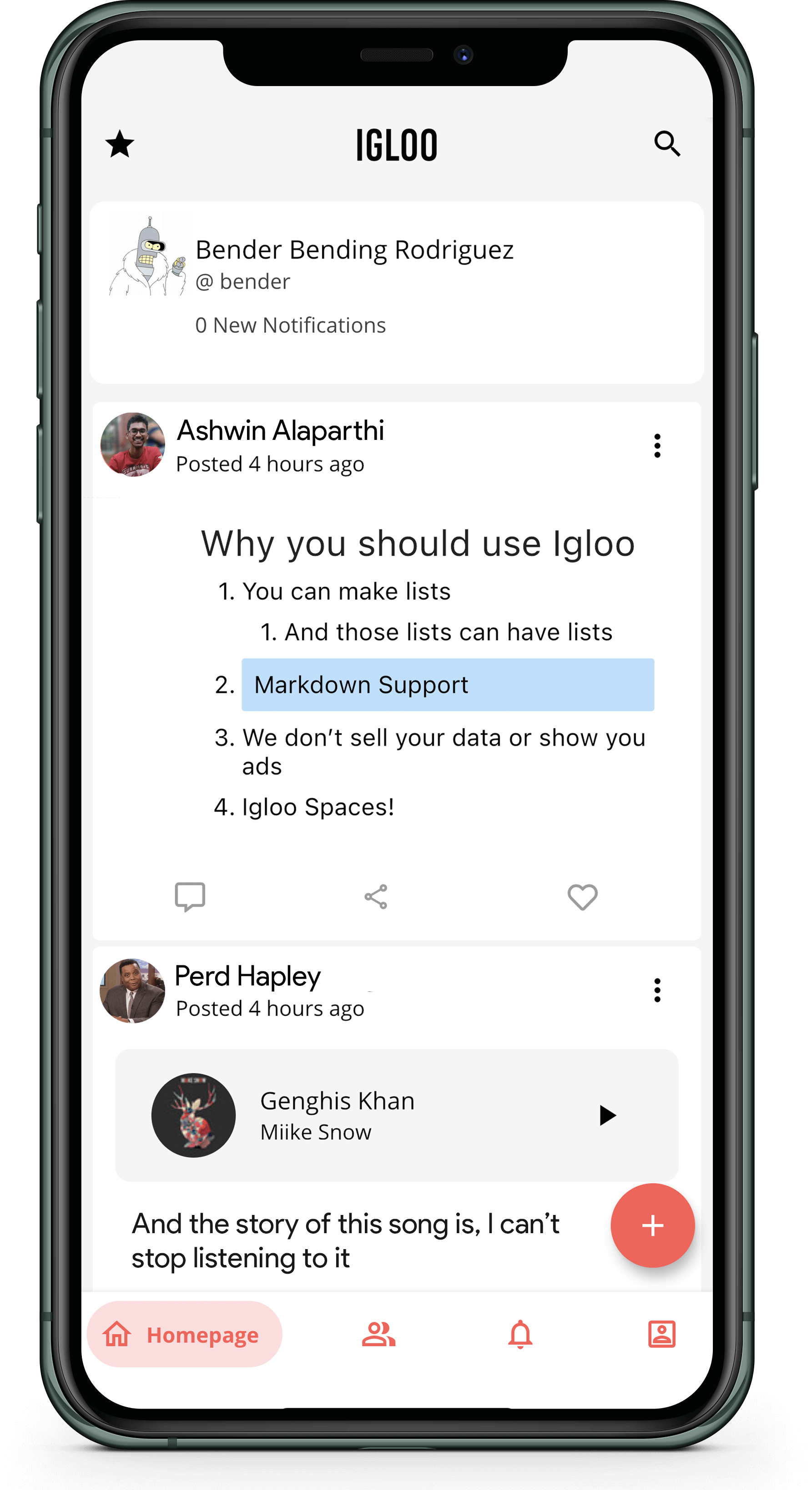 A mockup of the app showing the feed and Igloo Spaces