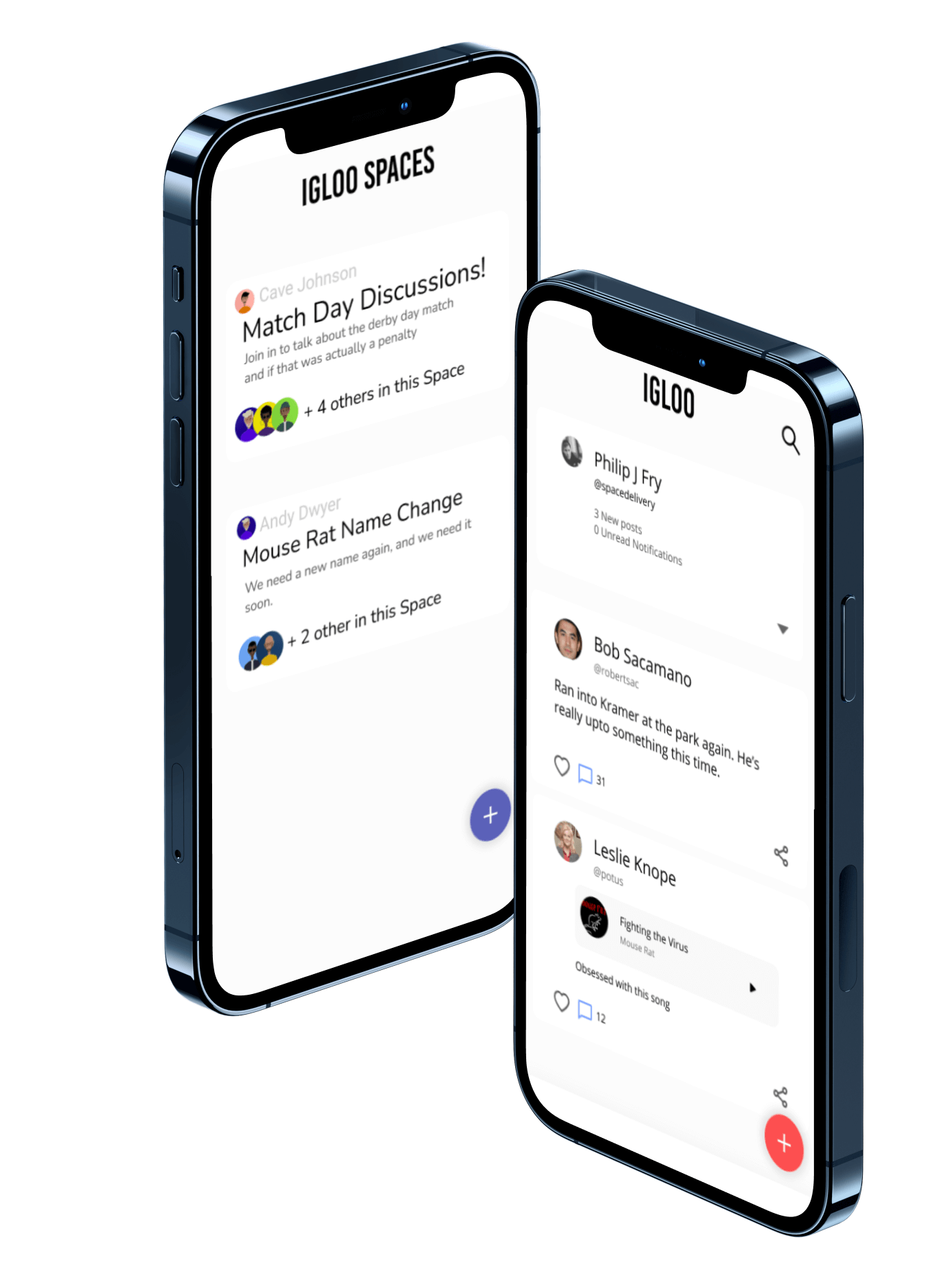 A mockup of the app showing the feed and Igloo Spaces